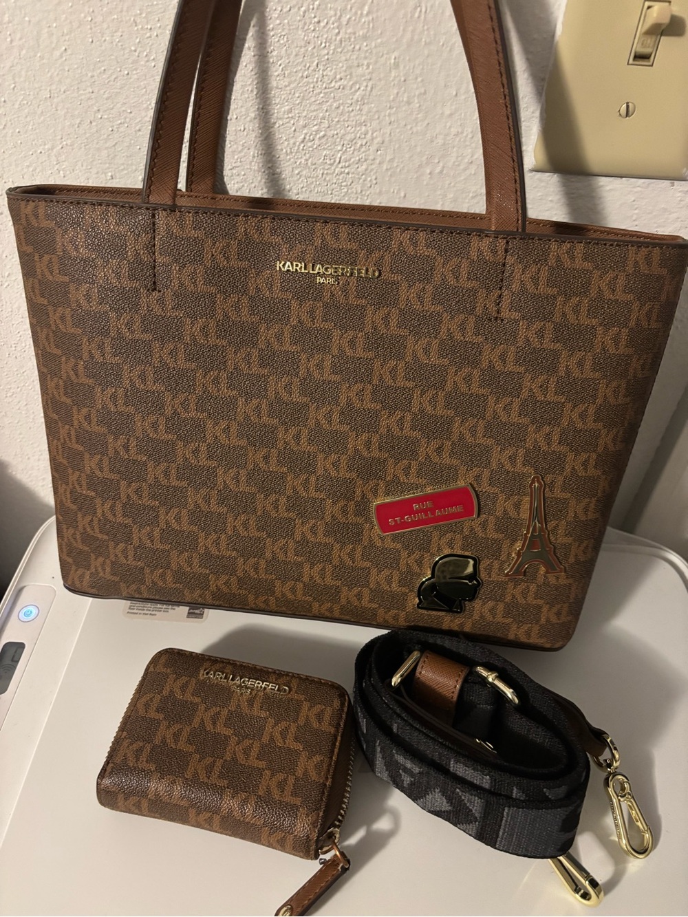 Karl Lagerfeld Brown Monogram Tote with Matching Wallet & Strap